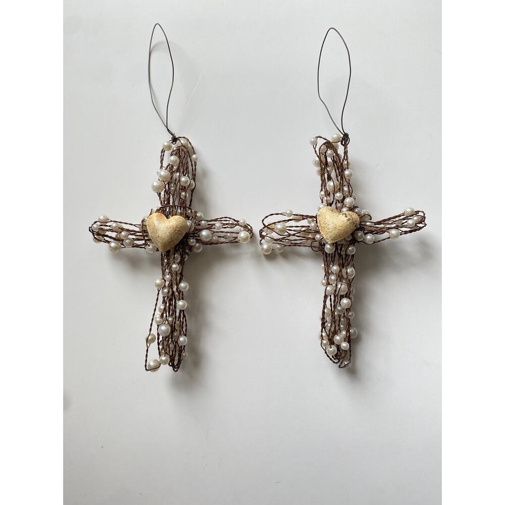 Pearl Wired Hanging Cross Ornament 7” set of 2 Christmas Decor - Picture 1 of 3